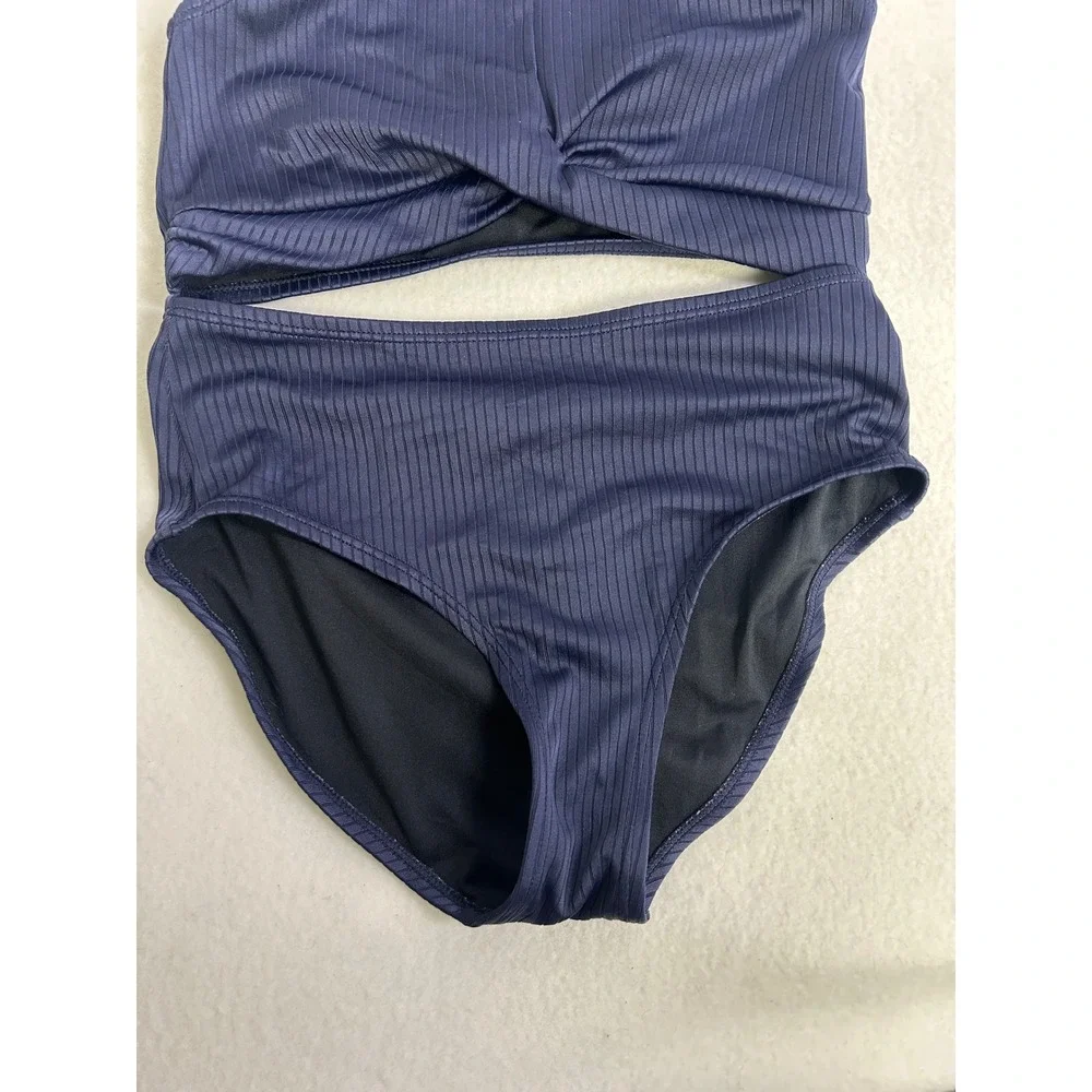 Nautical Ribbed Old Navy Girls L 10-12 Navy Blue Twist Front High Waist Swimsuit